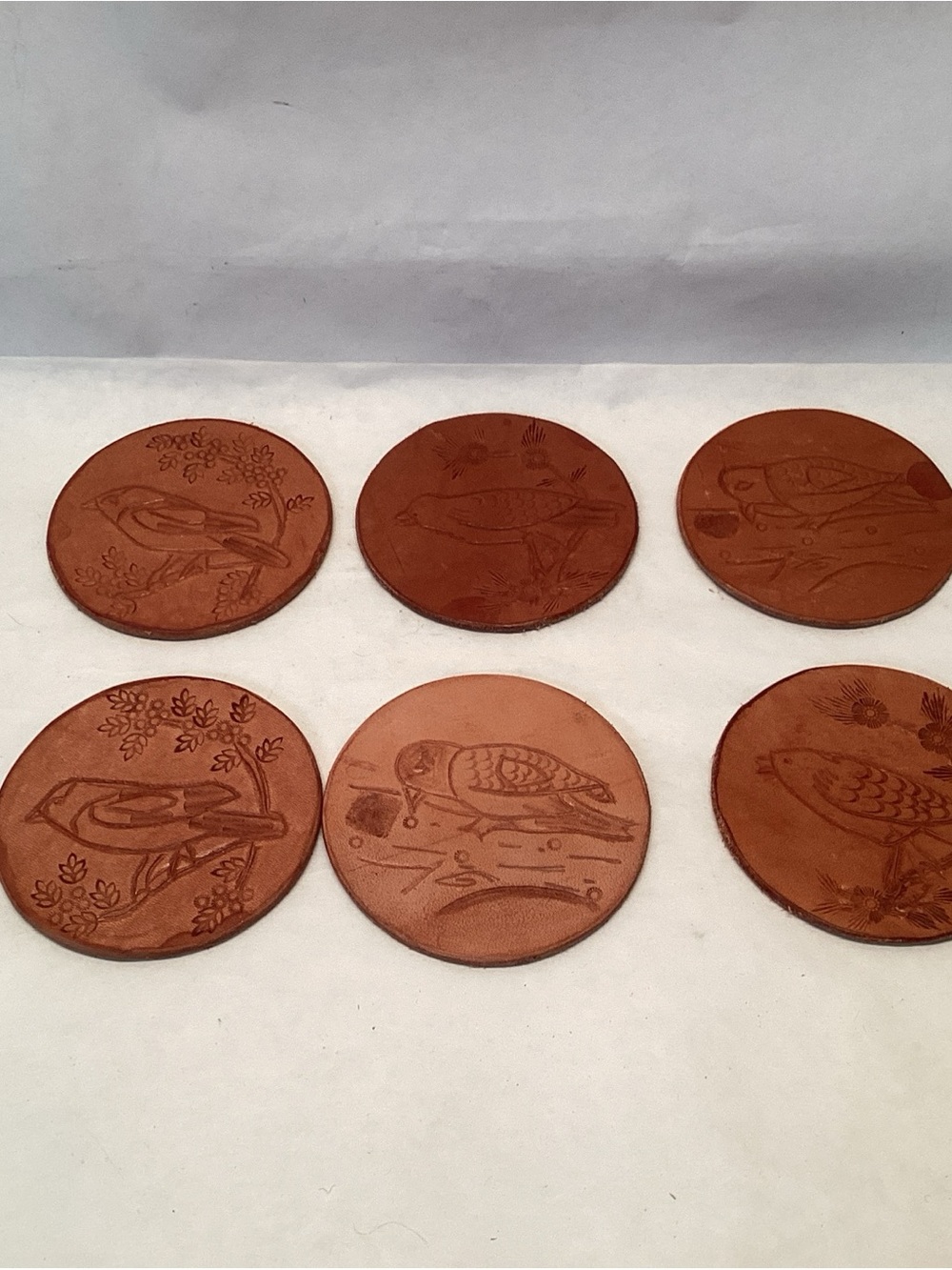 6 Hand Stamped Leather Coasters BIrds Vintage Home Crafted